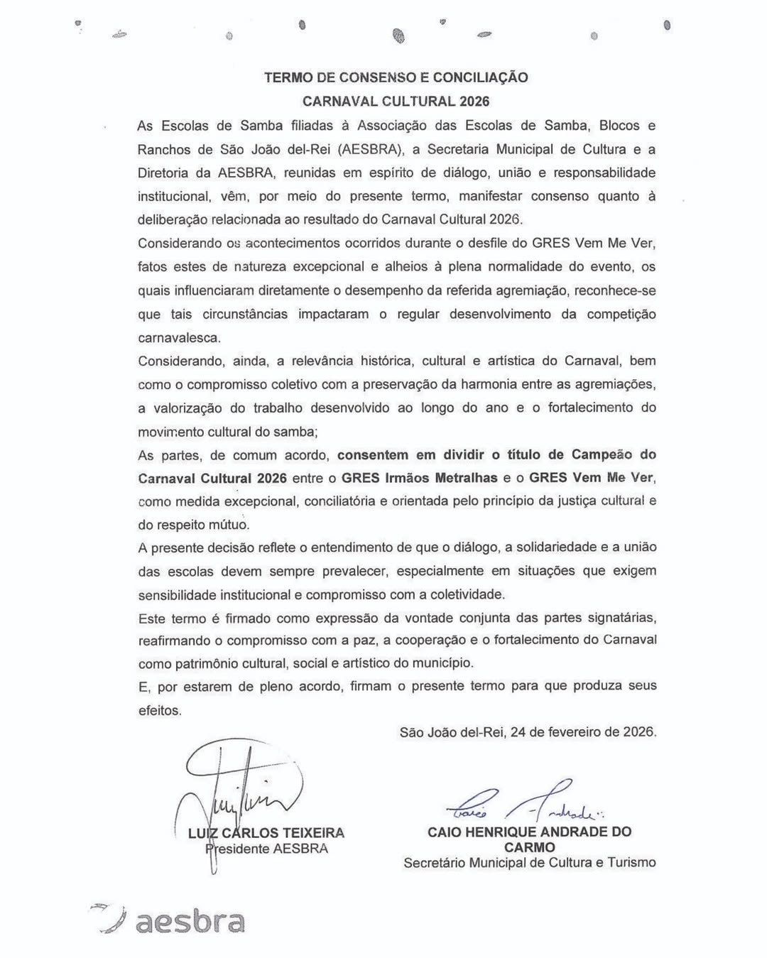 ​Carnaval Cultural 2026 terá título dividido entre duas escolas em São João del-Rei