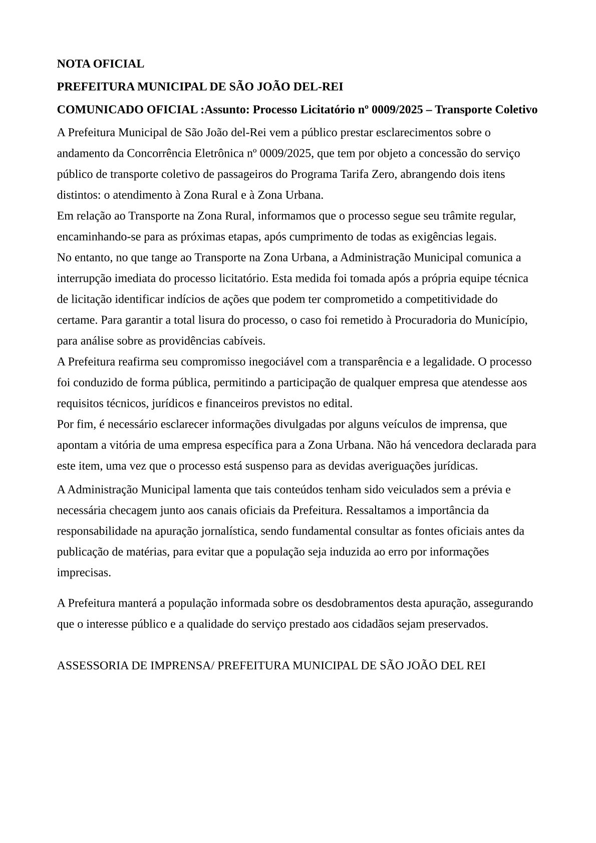 ​Prefeitura de São João del-Rei suspende licitação do transporte coletivo urbano