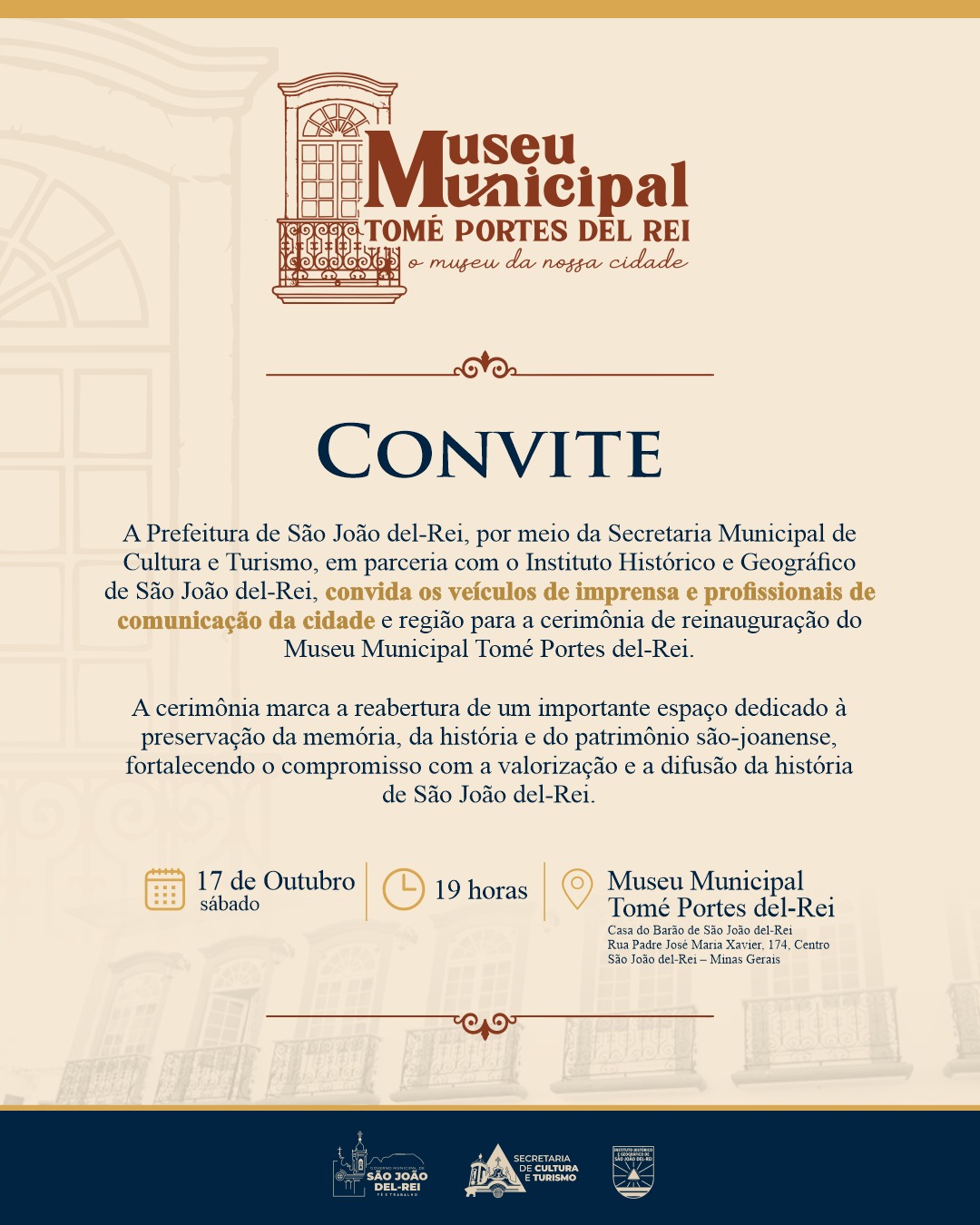 ​Museu Municipal Tomé Portes del-Rei será reinaugurado neste sábado (17) em São João del-Rei