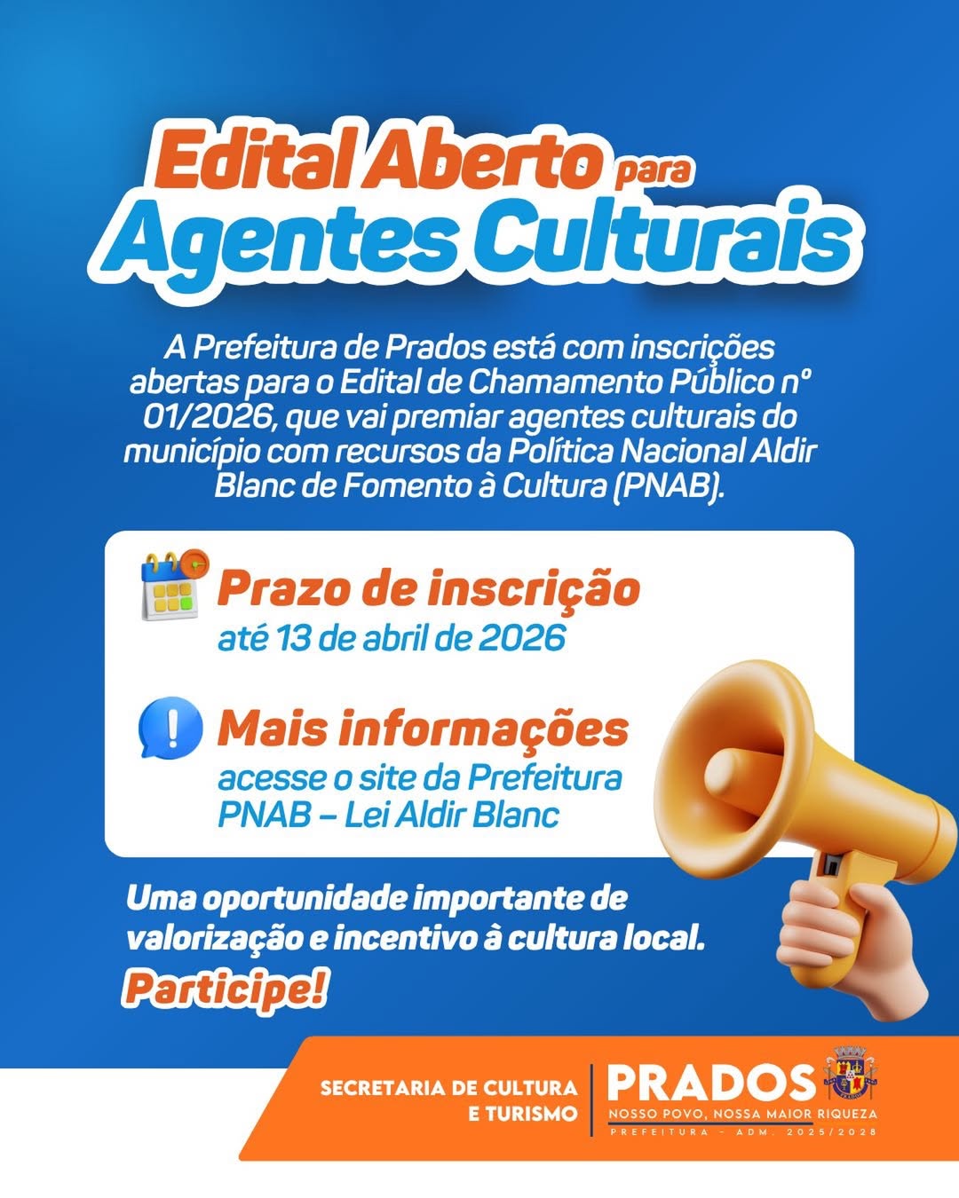 ​Prefeitura de Prados abre edital de premiação cultural com recursos da Lei Aldir Blanc