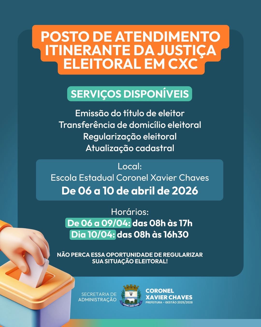 ​Posto itinerante da Justiça Eleitoral atende eleitores em Coronel Xavier Chaves até sexta-feira (10)