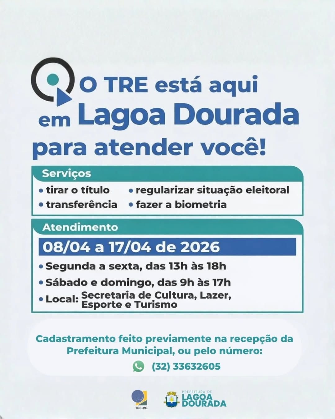 ​Justiça Eleitoral realiza atendimentos presenciais em Lagoa Dourada
