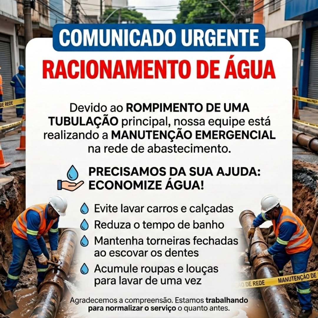 ​Rompimento de tubulação afeta abastecimento de água em Santa Cruz de Minas