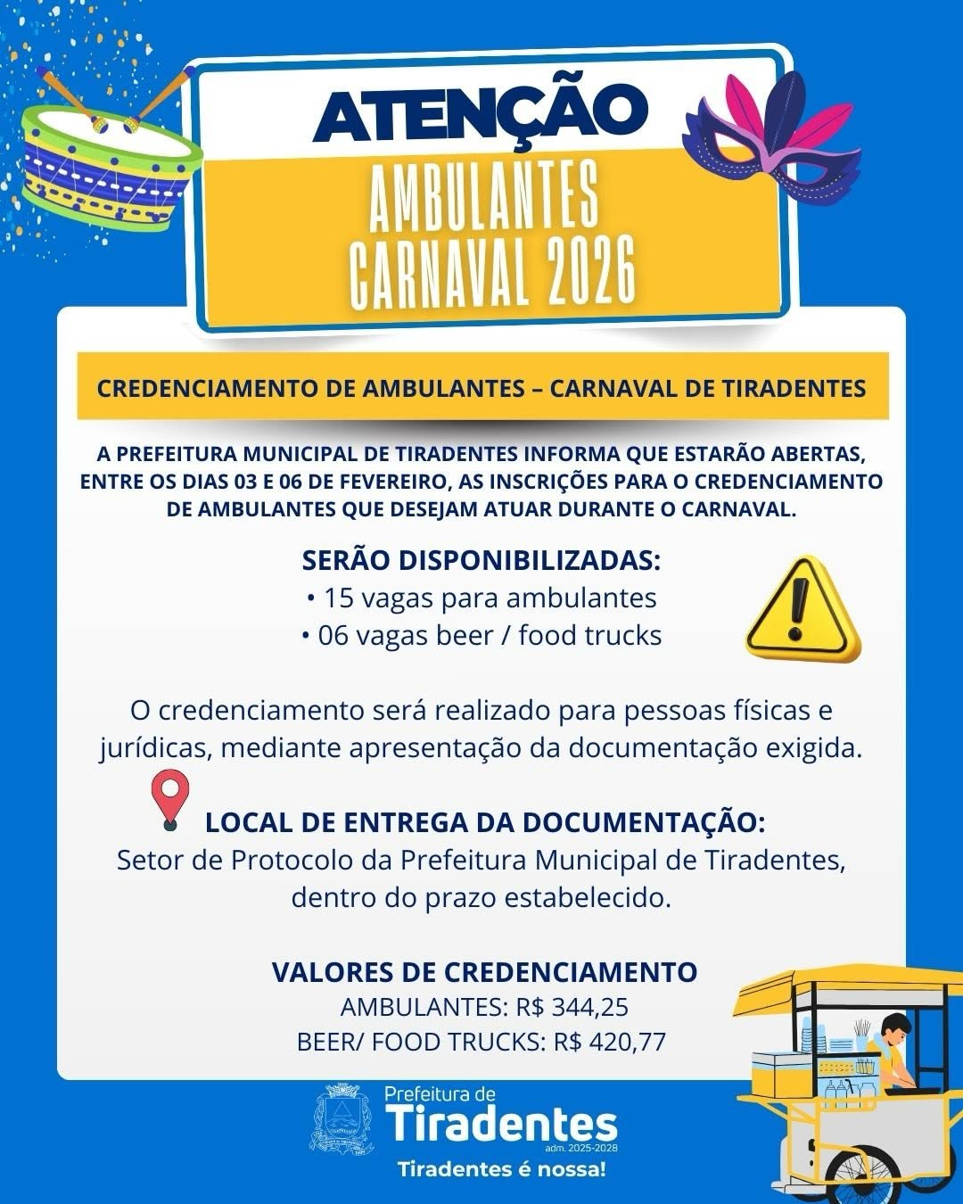 ​Prefeitura de Tiradentes abre credenciamento para ambulantes no Carnaval 2026