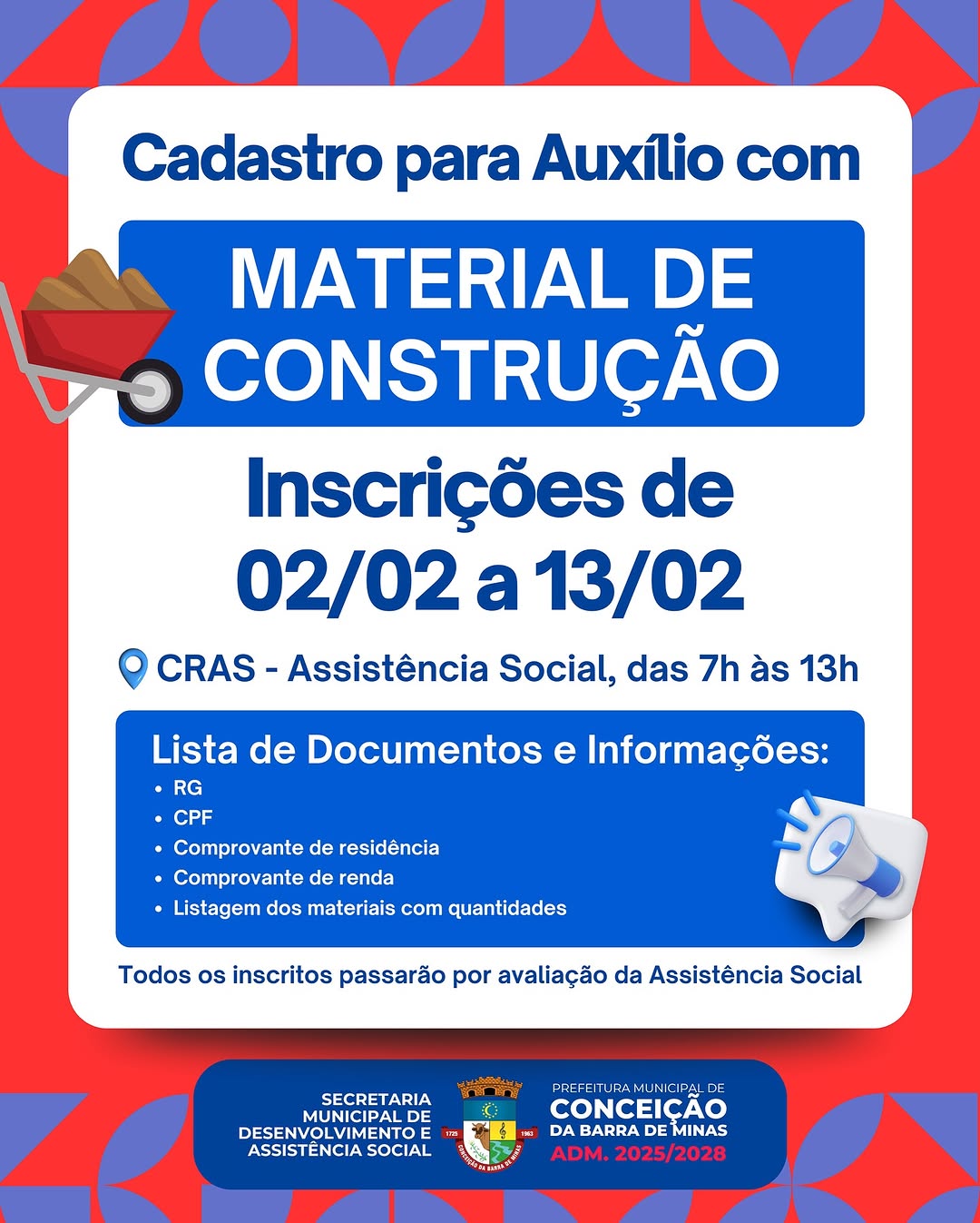 ​Prefeitura de Conceição da Barra abre cadastro para auxílio com material de construção