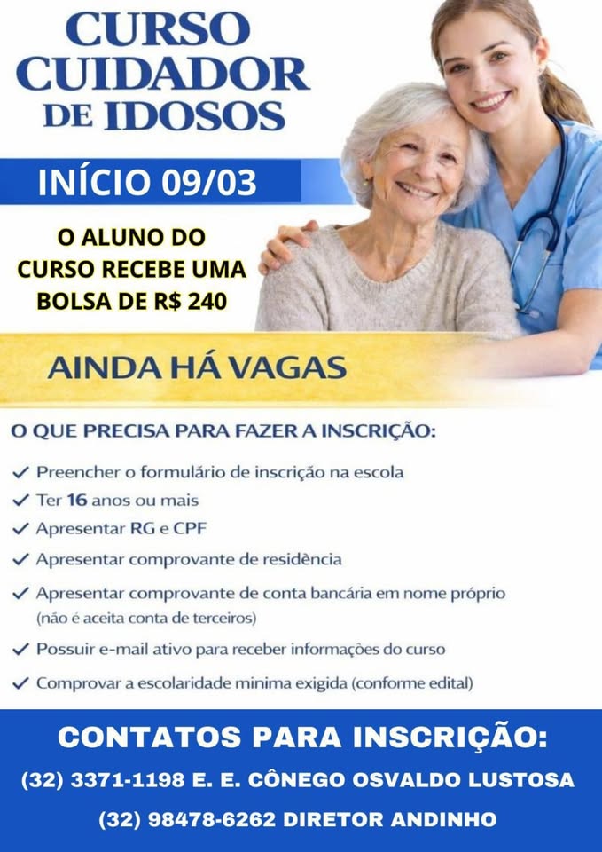 EECOL está com vagas abertas para curso gratuito de Cuidador de Idosos em São João del-Rei