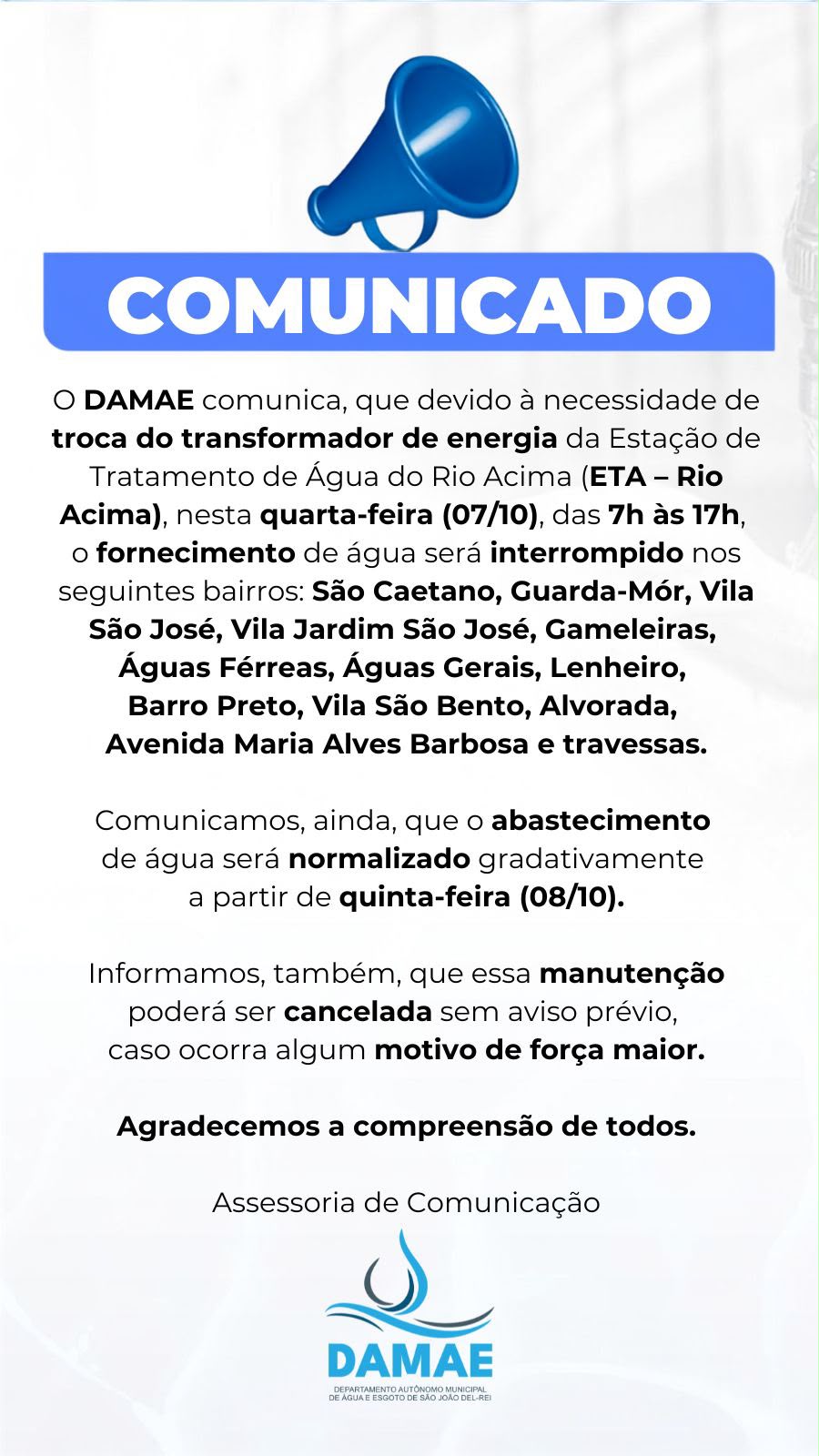 ​DAMAE anuncia interrupção no abastecimento de água nesta quarta-feira em São João del-Rei