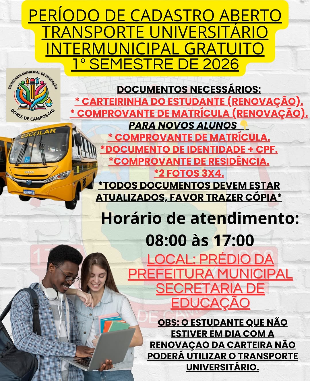 ​Cadastro para transporte universitário intermunicipal gratuito está aberto em Dores de Campos