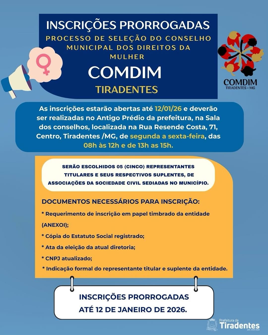 ​Inscrições para o Conselho Municipal dos Direitos da Mulher terminam hoje (12) em Tiradentes