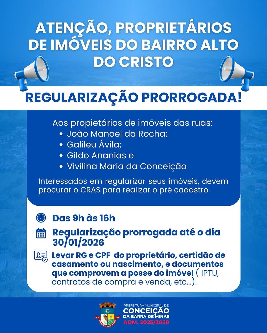 ​Termina hoje (30) o prazo para cadastro no programa de regularização de imóveis em Conceição da Barra de Minas