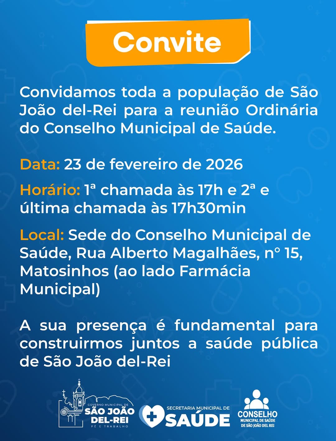 ​Reunião do Conselho Municipal de Saúde acontece nesta segunda-feira em São João del-Rei