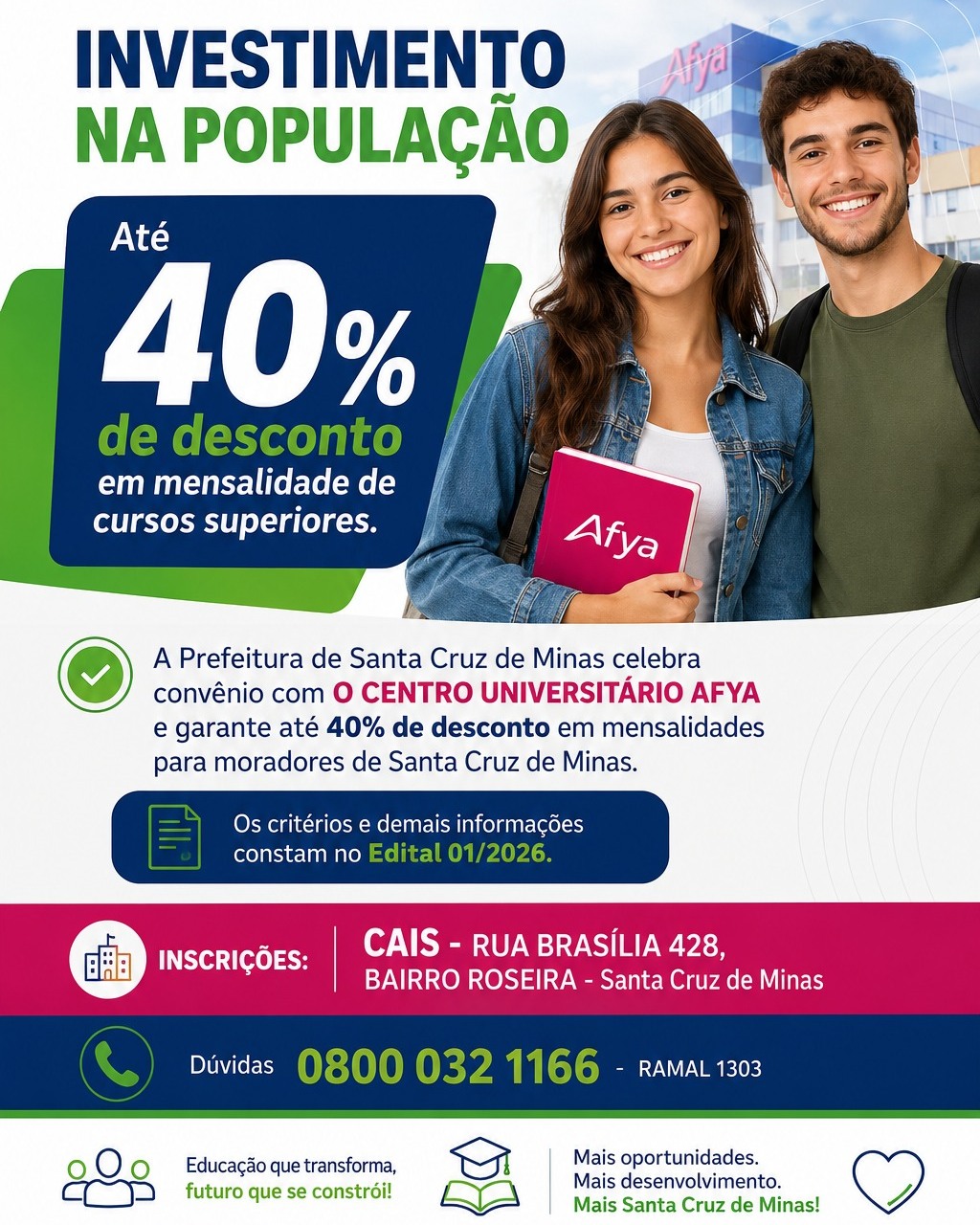​Prefeitura de Santa Cruz de Minas oferece desconto em cursos superiores para moradores