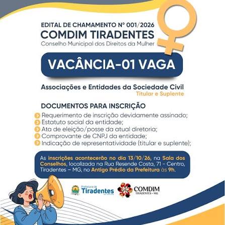 ​Tiradentes abre inscrição para vaga no Conselho Municipal dos Direitos da Mulher