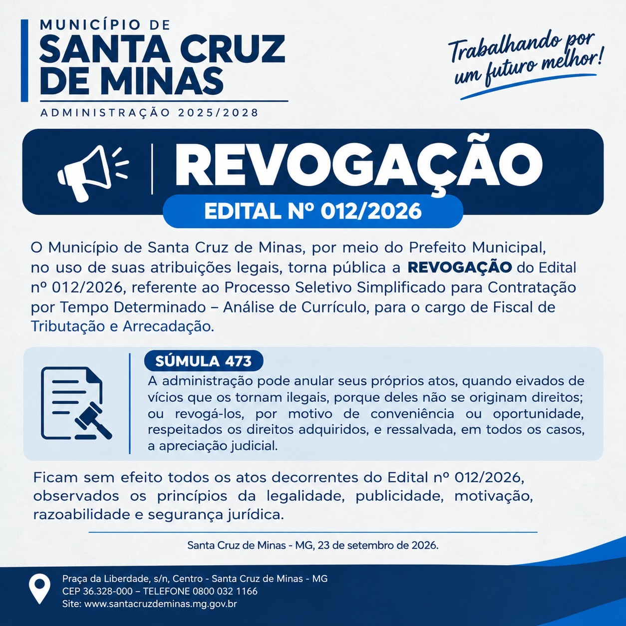 ​Prefeitura de Santa Cruz de Minas revoga processo seletivo para fiscal de tributação